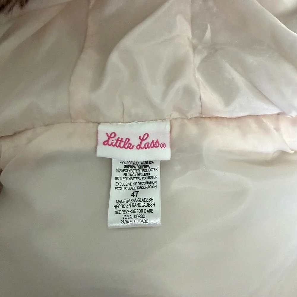 Little Lass Kids 4T Pink Cream Puffer Vest Gold Polka Dot Faux Fur Hood Floral